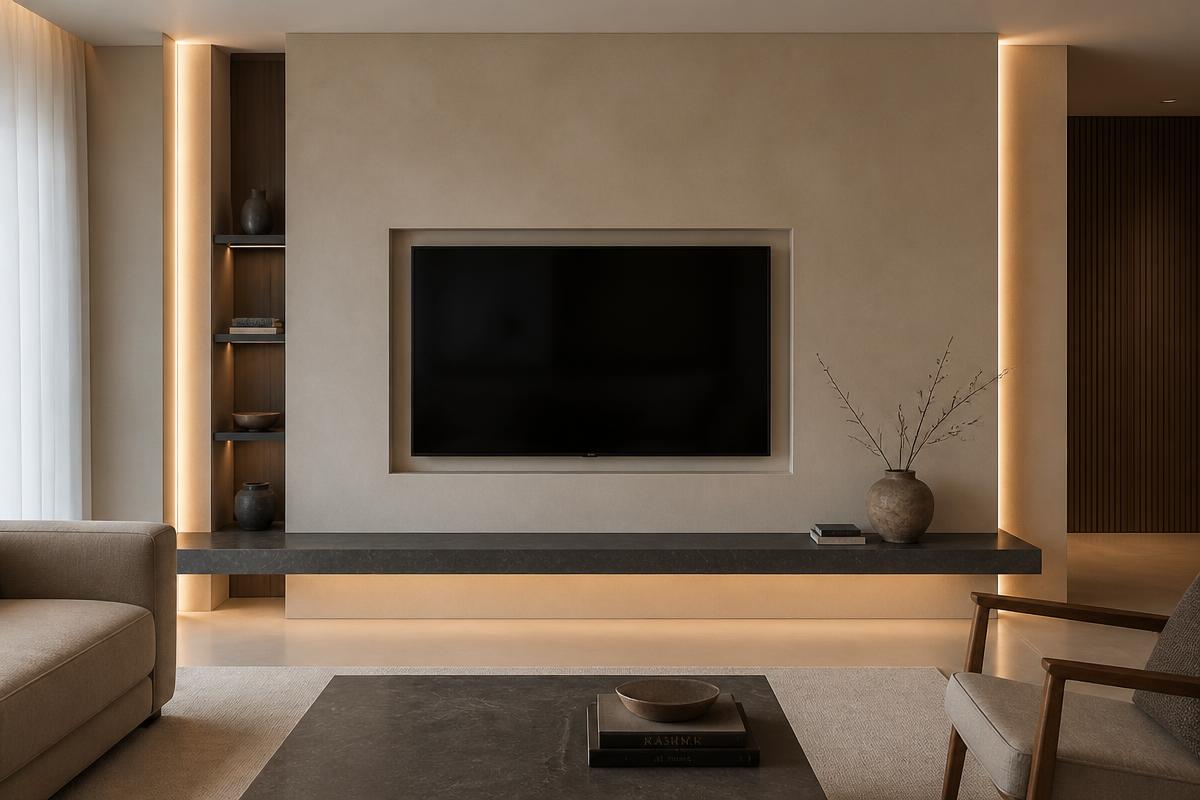 Cinewall in kashmir microcement met donker keramisch blad en indirecte verlichting