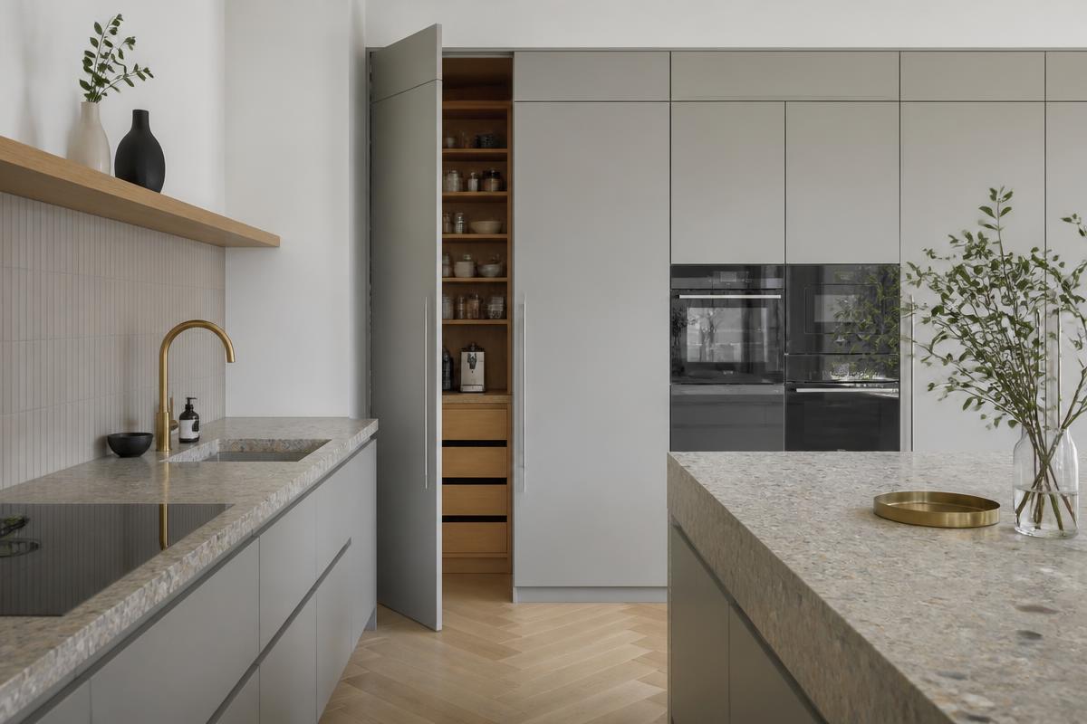 Maatwerk keuken in lichtgrijs satijnlak met terrazzo werkblad