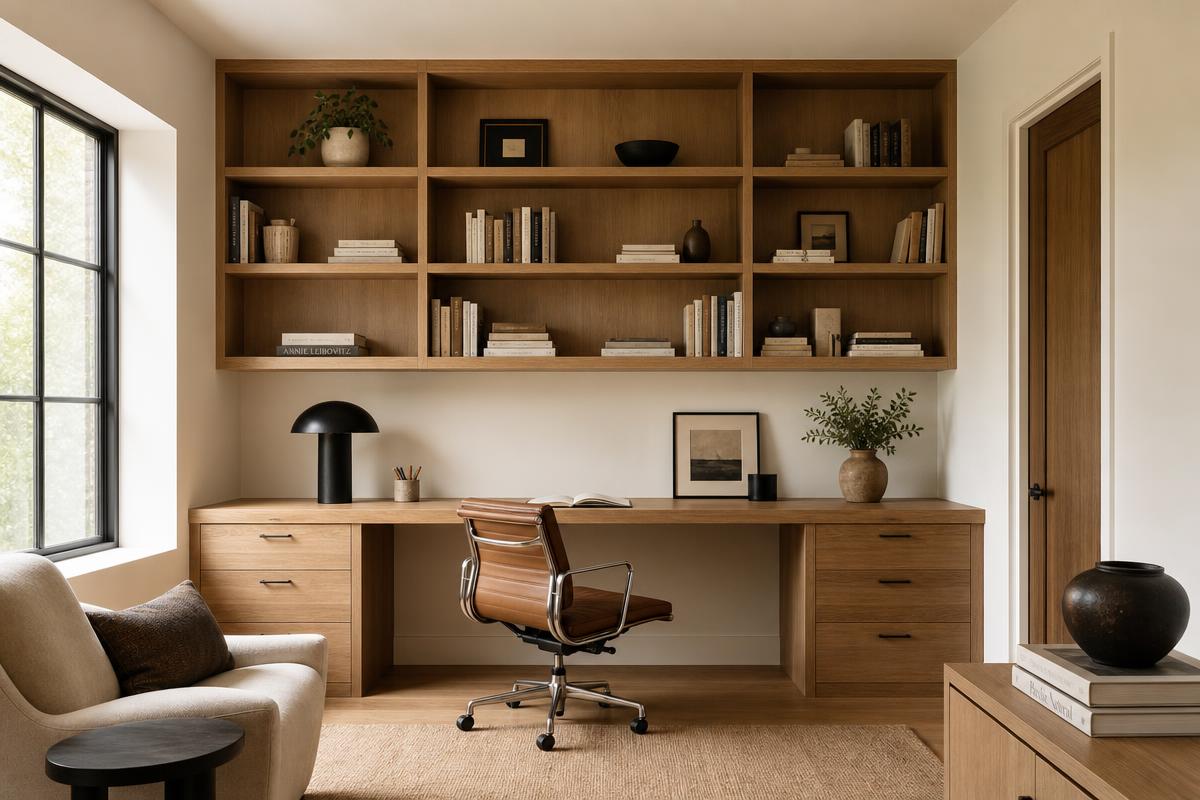 Bespoke thuiskantoor met maatwerk bureau en boekenkast in eiken