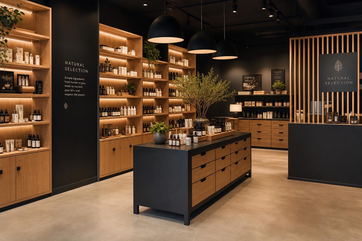 Retail winkelinterieur met custom display kasten in hout en zwart