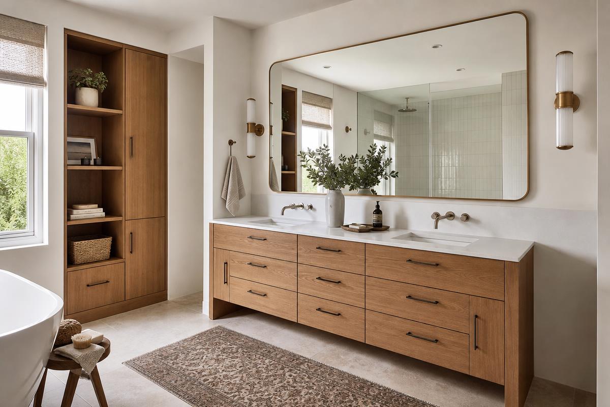 Moderne badkamer met maatwerk dubbel wastafelmeubel