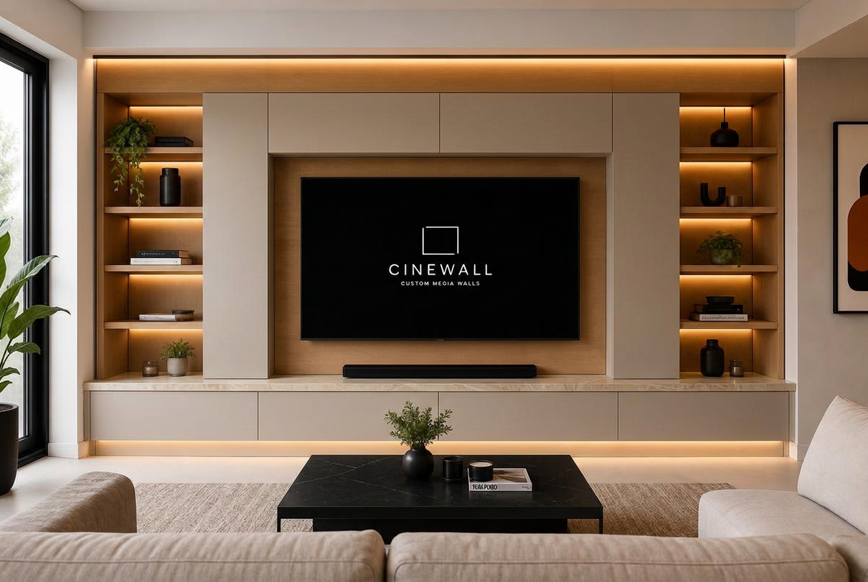 Custom cinewall mediawand met eiken hout en ambient lighting