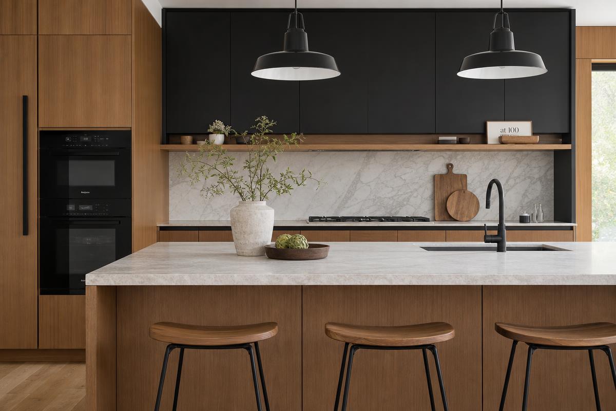 Moderne maatwerk keuken met eiken en matte zwarte kasten